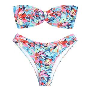 NWT ZAFUL Floral Bandeau O Ring  Strapless High Cut Swimsuit Large